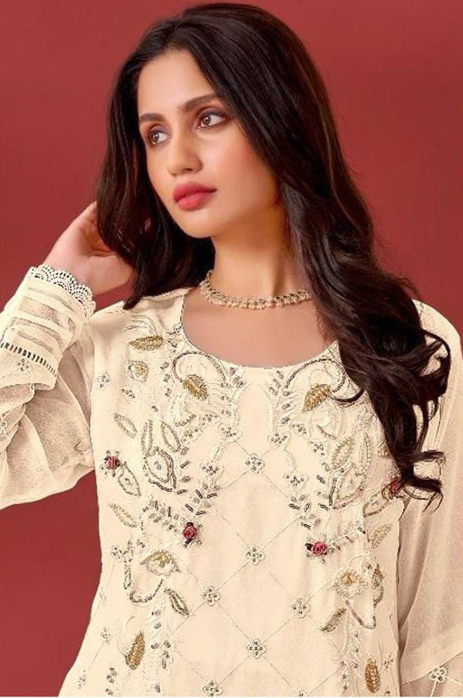 Beige Color Faux Georgette With Embroidery Work Salwar Suits Near me