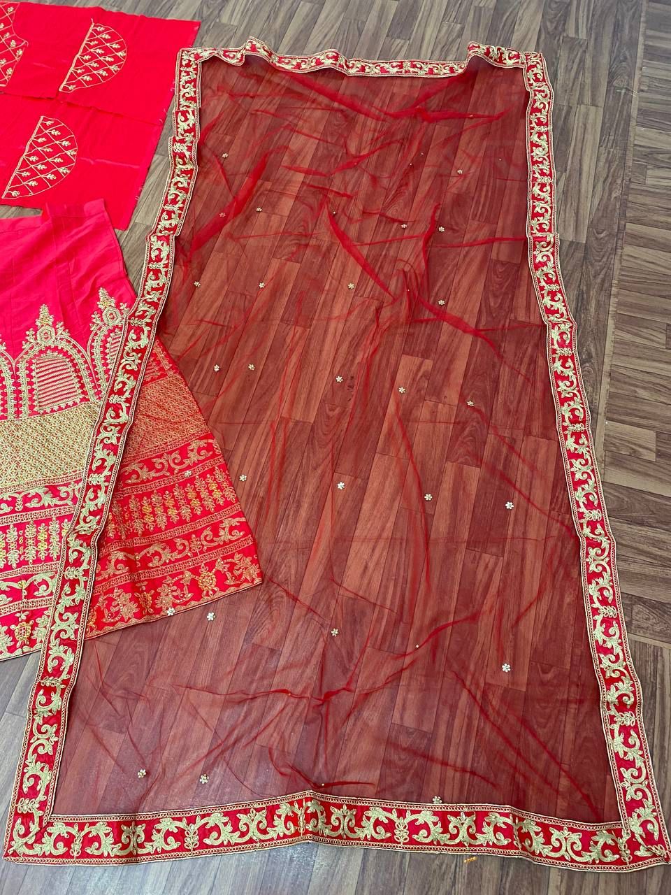Dazzling Red Color Zari Sequins Embroidery Work Satin Silk Lehenga Choli For Women In Yuma