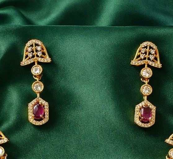 Dazzling Red Stones Butterfly Design Gold Plated Necklace With Earrings For Women