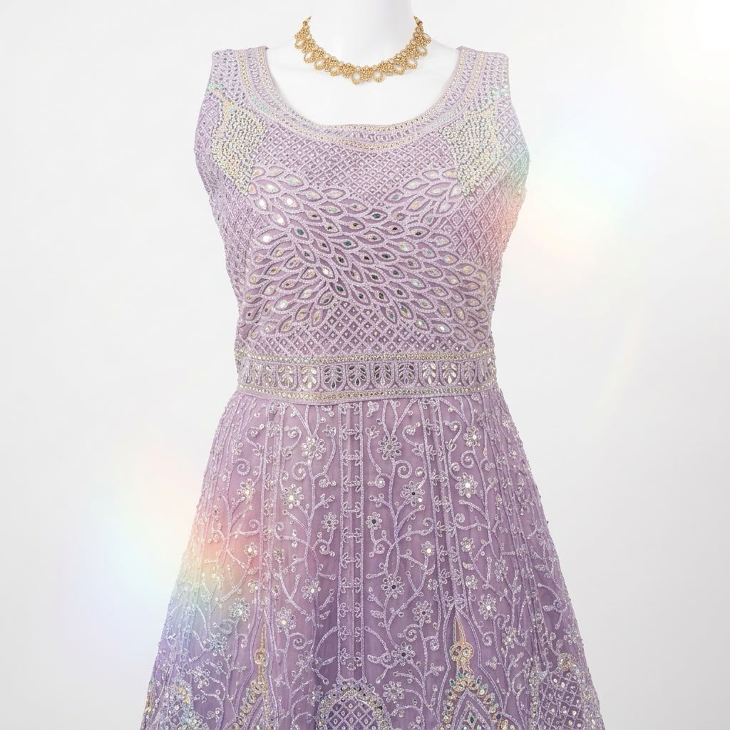 Amazing Lavender Color Net With Embroidery And Sequins Work Anarkali Gown For Women