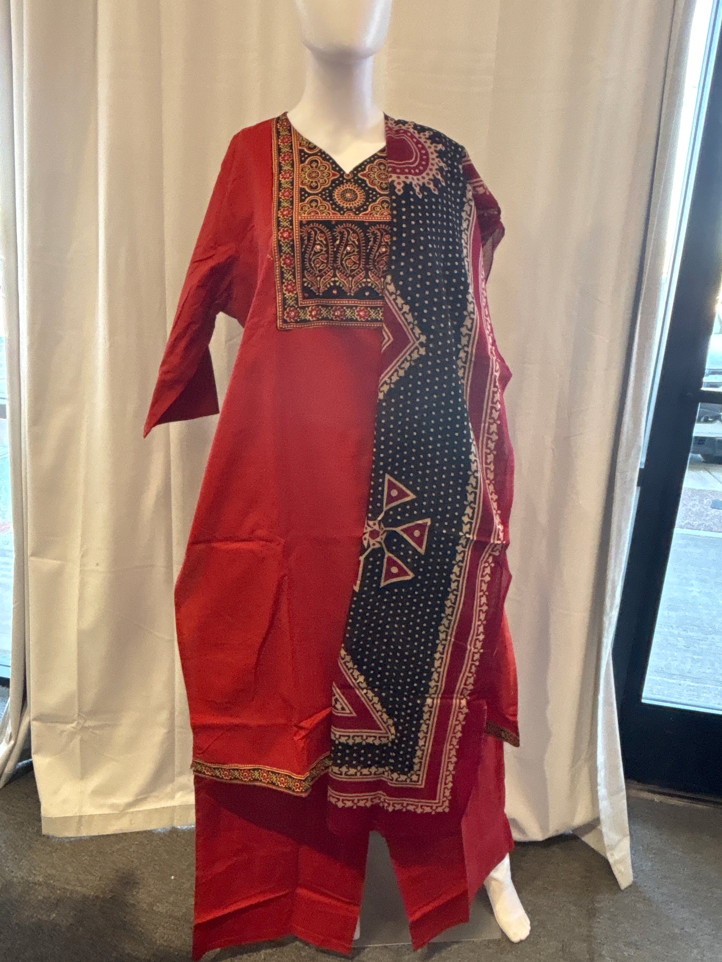 Captivating Red Color Cotton With Printed Work Salwar Suits With Dupatta