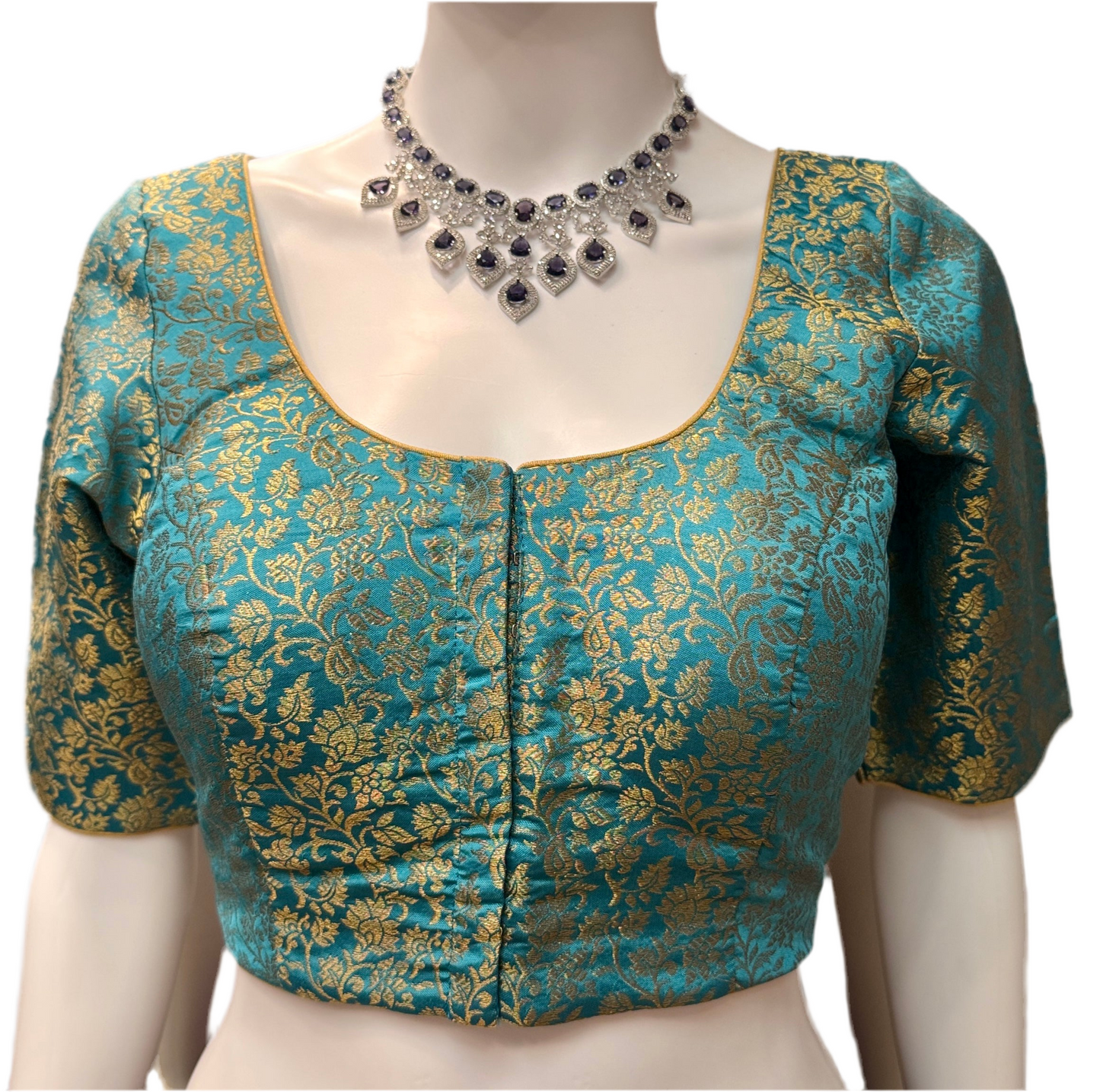 Attractive Sky Blue Colored Jacquard Printed Blouse For Women
