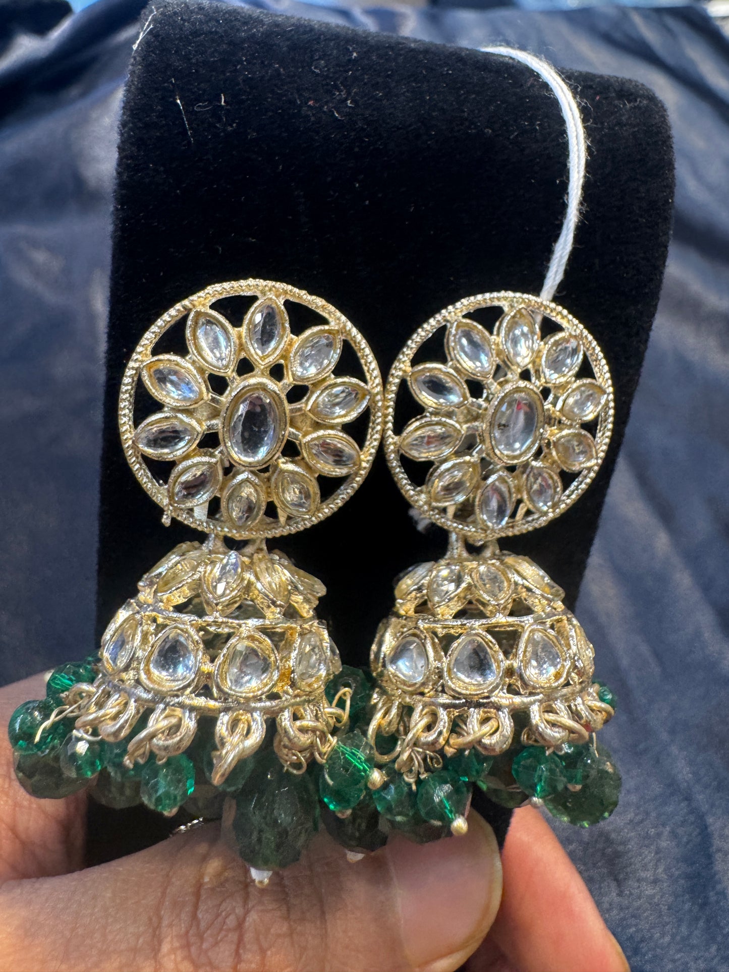 Beautiful White Kundan Stones And Emerald Green Hangings Jhumka for women