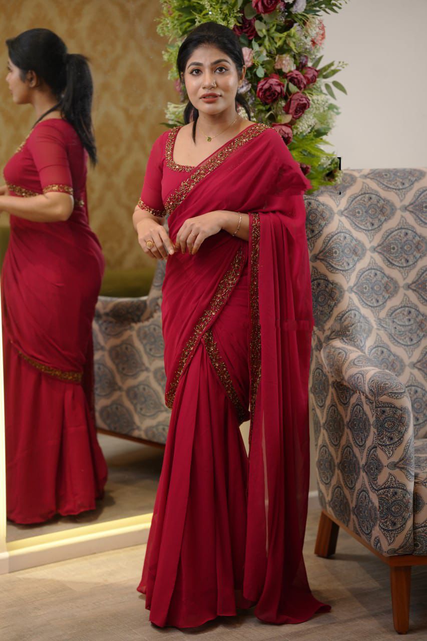 Alluring Red Color Ready To Wear One Minute Georgette Embroidery Gown Saree