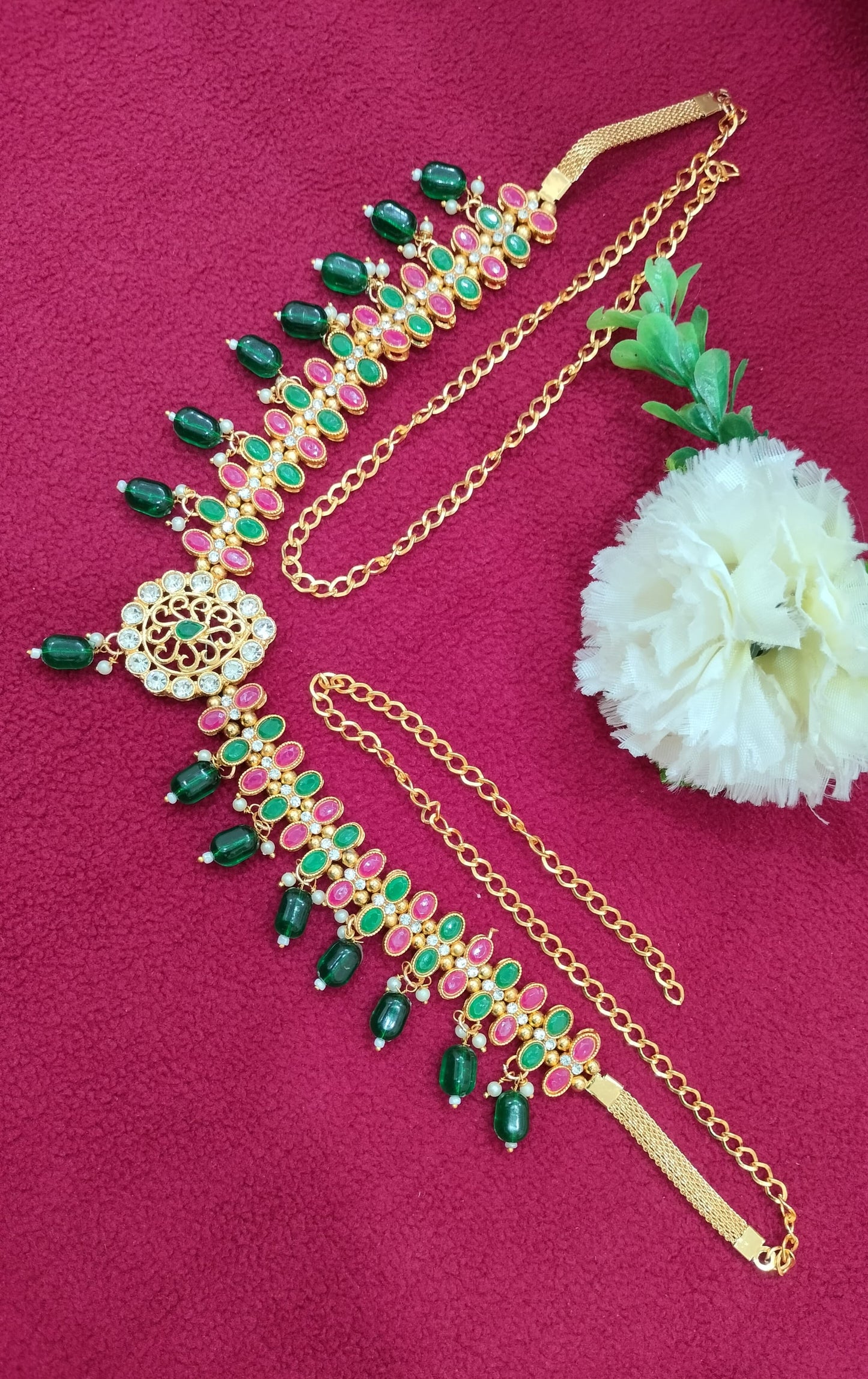 Green Color Beads And Multi Color Stone Worked Antique Gold Hip Chain Near Me