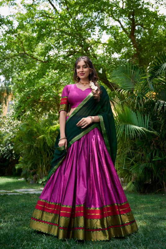 Attractive Pink Color Poly Cotton Zari Border Lehenga Choli With Dupatta