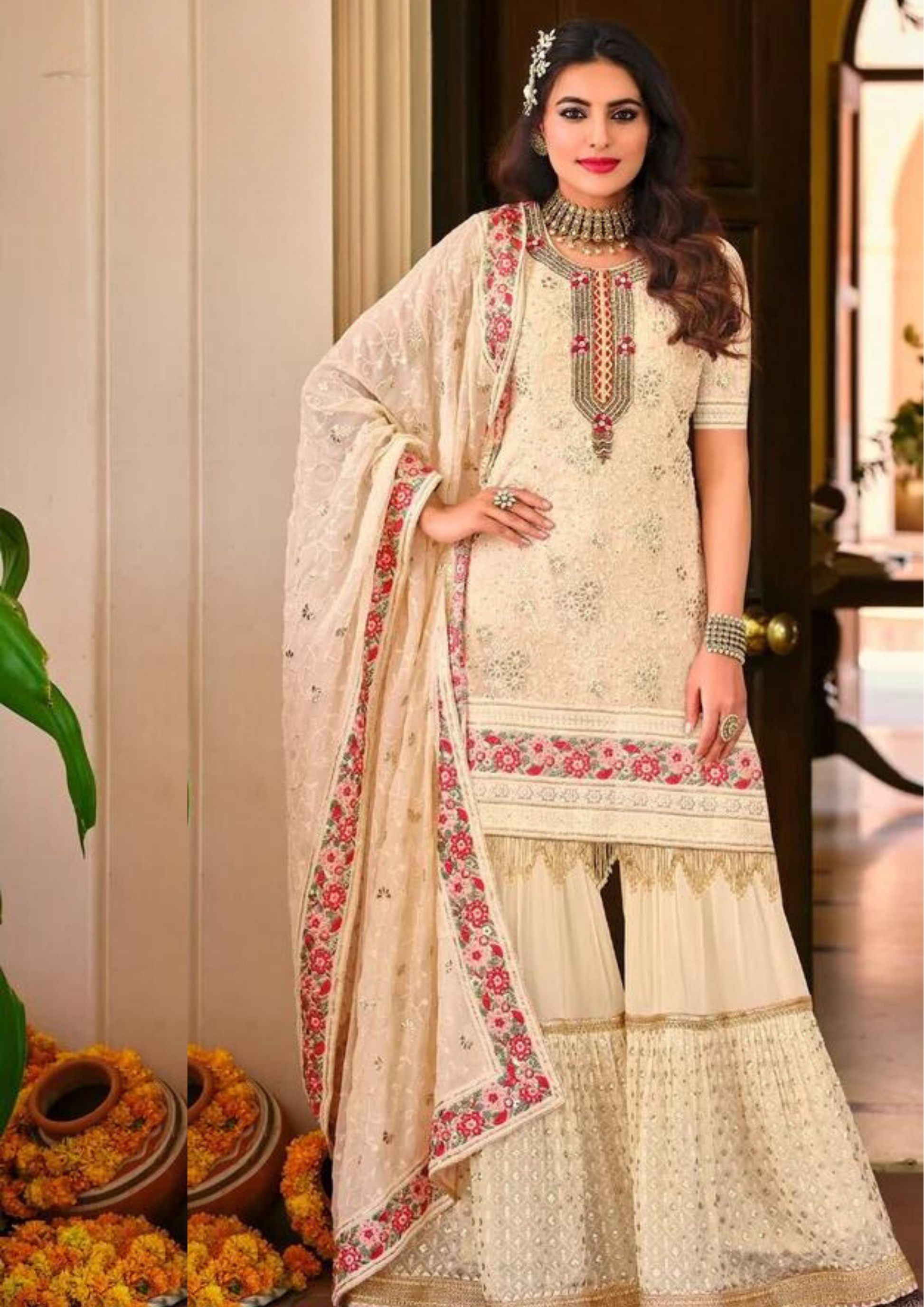 Charming Cream Color Embroidery Work & Heavy Lace With Faux Georgette Sharara Suits