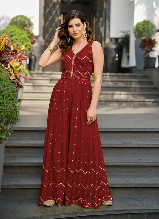 Appealing Maroon Colored Stylish Designer Festive Wear Fancy Indo Western Jump Suit