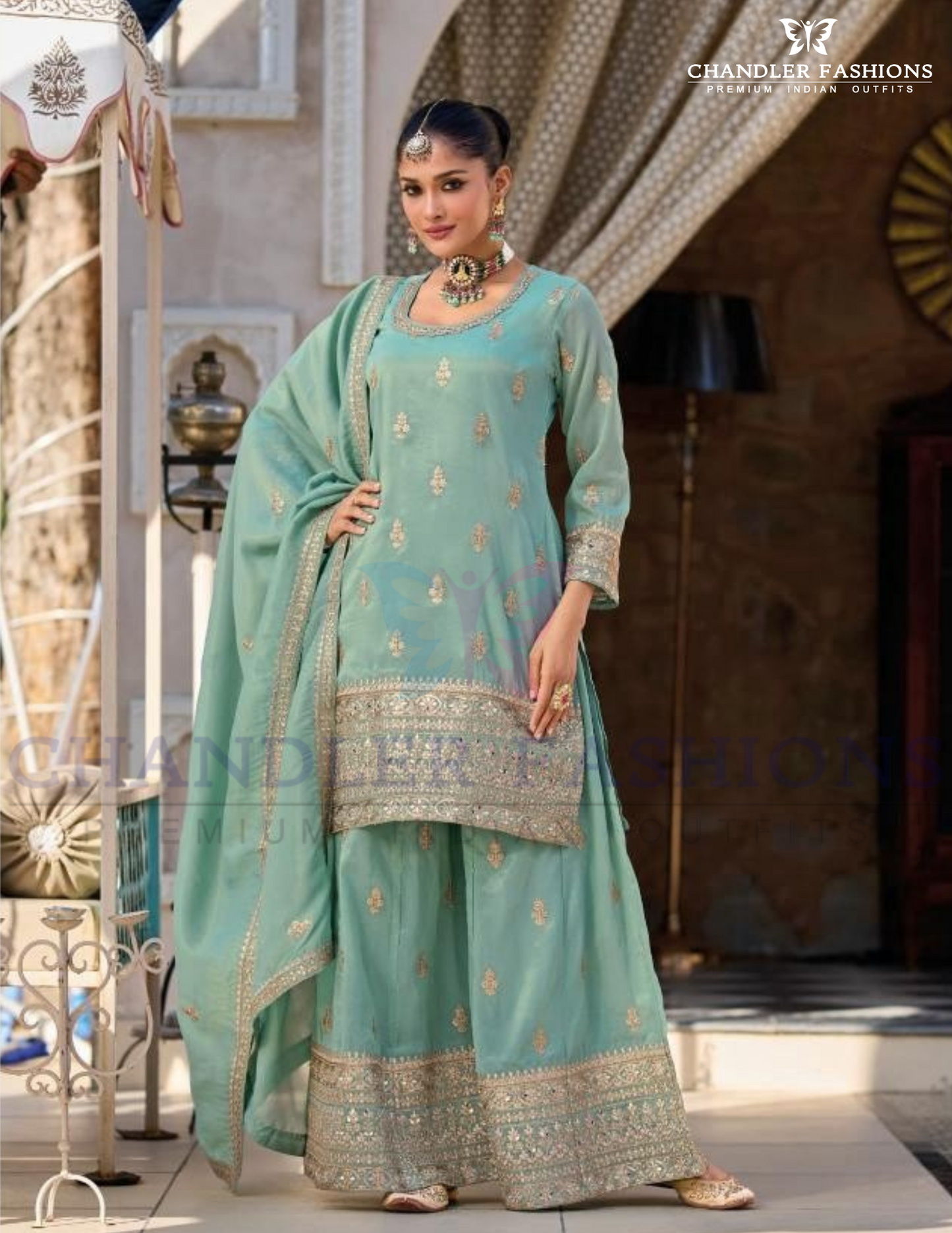 Fanciable Light Blue Color Shimmer Silk With Embroidery Work Palazzo Suits For Women