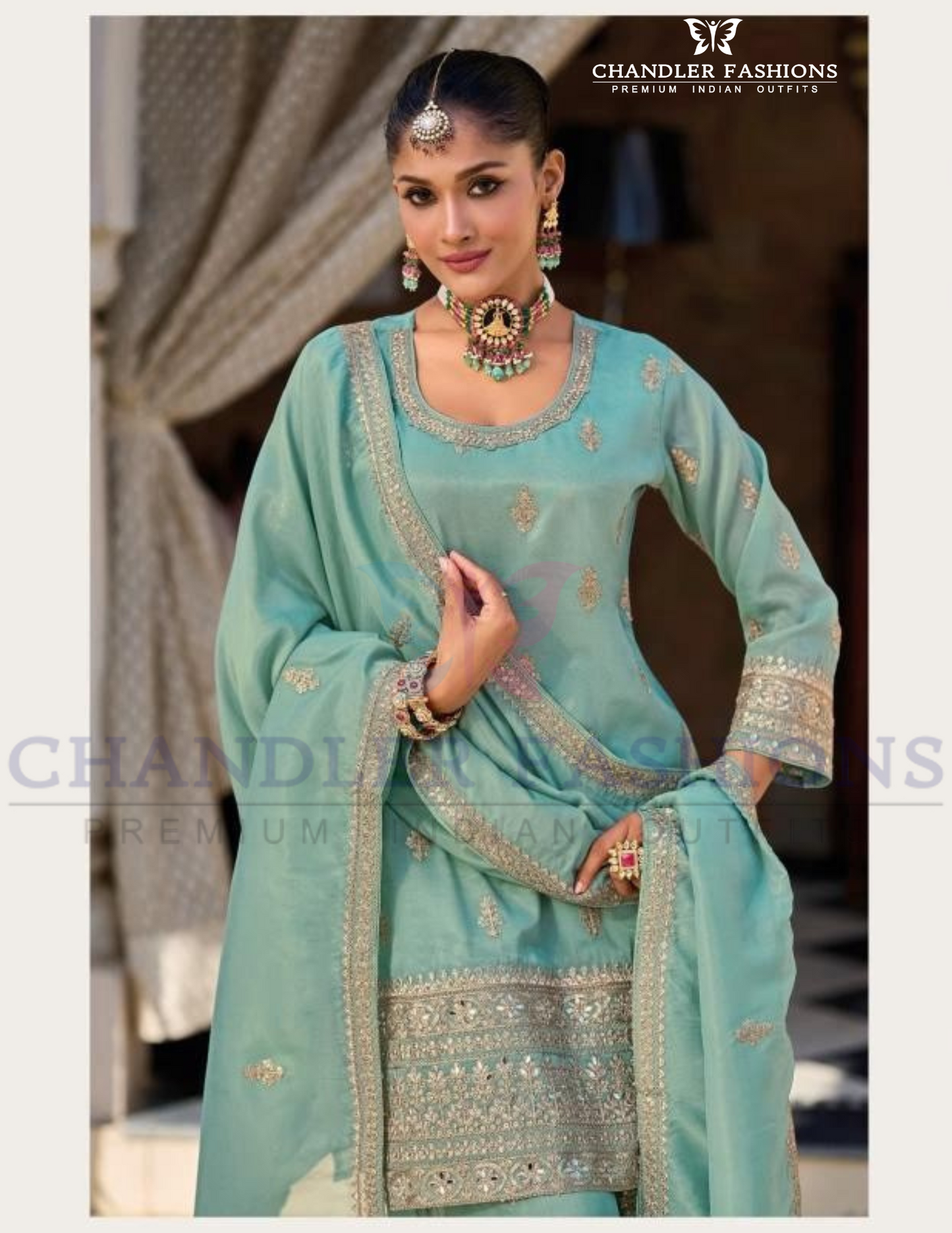 Fanciable Light Blue Color Shimmer Silk With Embroidery Work Palazzo Suits Near Me