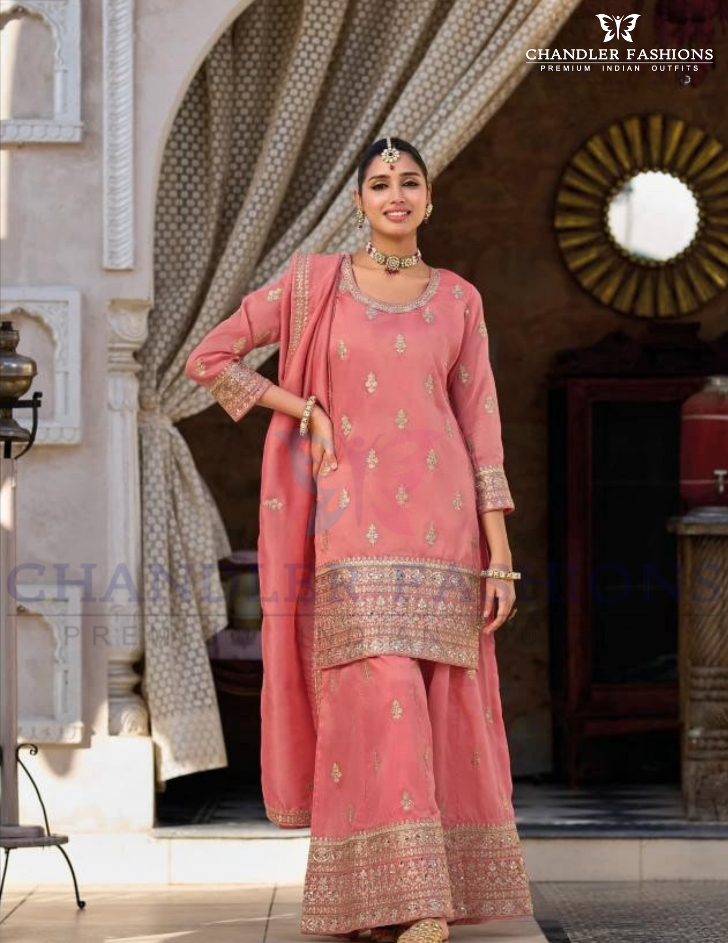 Beauteous Light Pink Color Shimmer Silk With Embroidery Work Palazzo Suits For Women