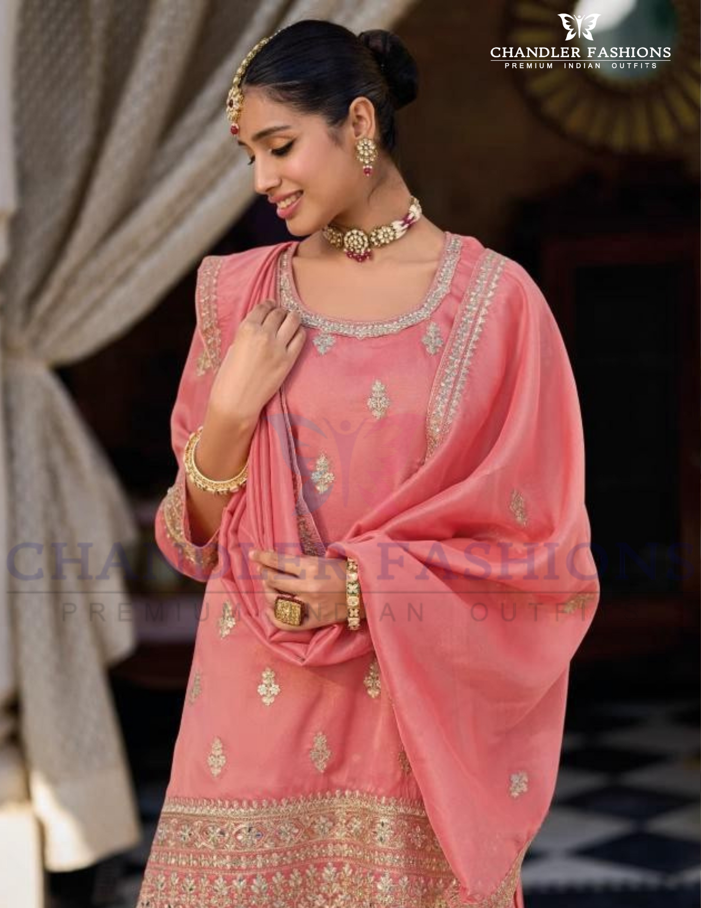 Beauteous Light Pink Color Shimmer Silk With Embroidery Work Palazzo Suits Near Me