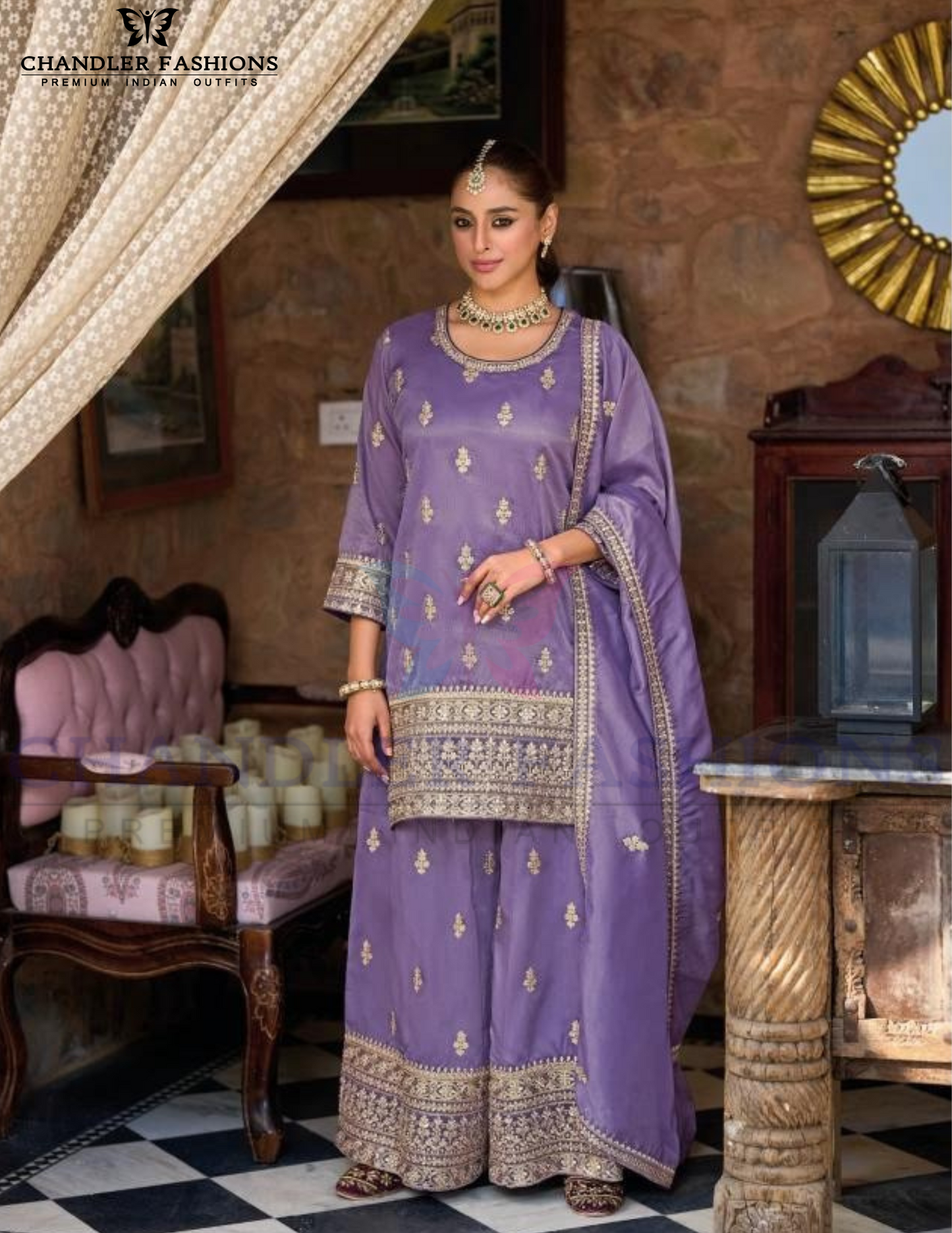 Attractive Lavender Color Shimmer Silk With Embroidery Work Palazzo Suits For Women