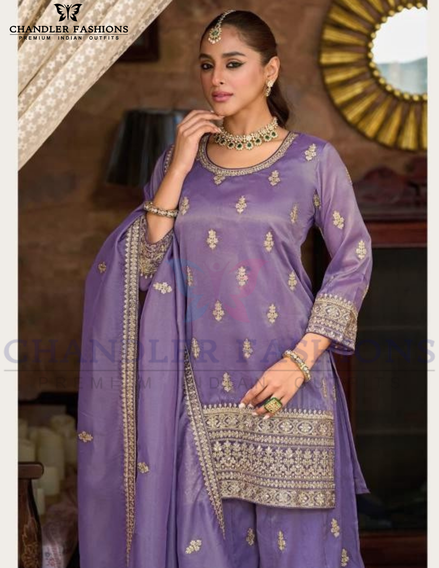 Attractive Lavender Color Shimmer Silk With Embroidery Work Palazzo Suits Near Me