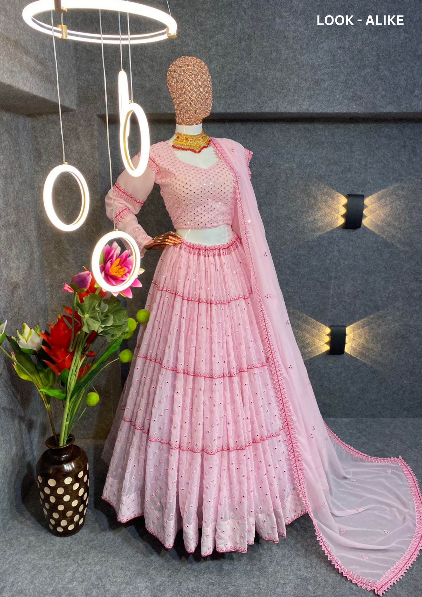 Fabulous Pink Color Embroidery Party Wear Georgette Lehenga Near Me