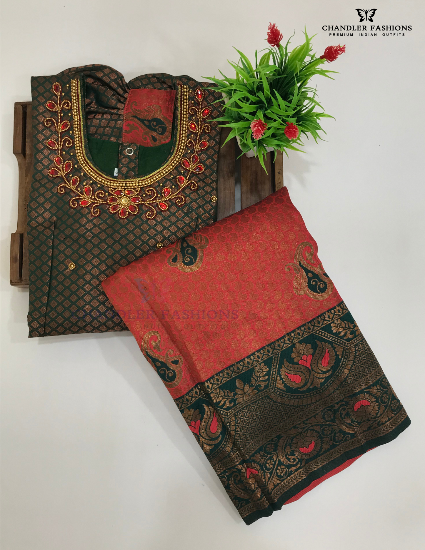 Green And Red Color Silk Langa set With Stone Work Near Me