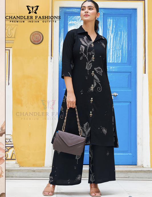 Attarctive Black Color Rayon Printed Kurti With Palazzo Co-ord Set