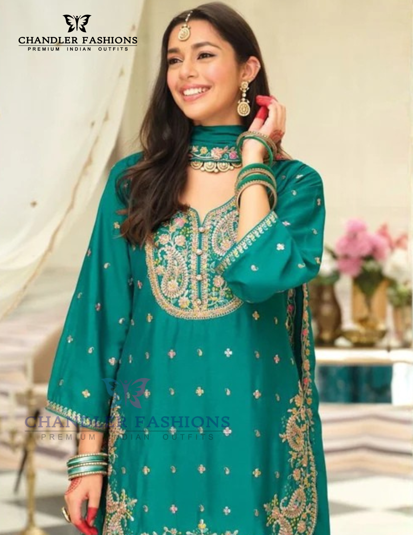 Stunning Green Color Chinon Silk With Embroidery Work Palazzo Suits Near Me