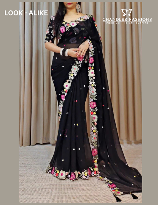 Elegant Black Colored Faux Georgette Party Wear Saree With Multicolor Sequins Work