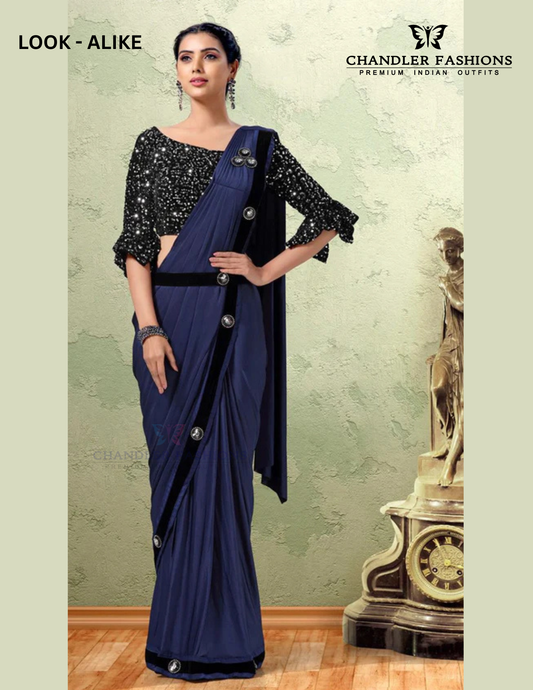 Blooming Blue Color Ready To Wear One Minute Imported Lycra Designer Saree