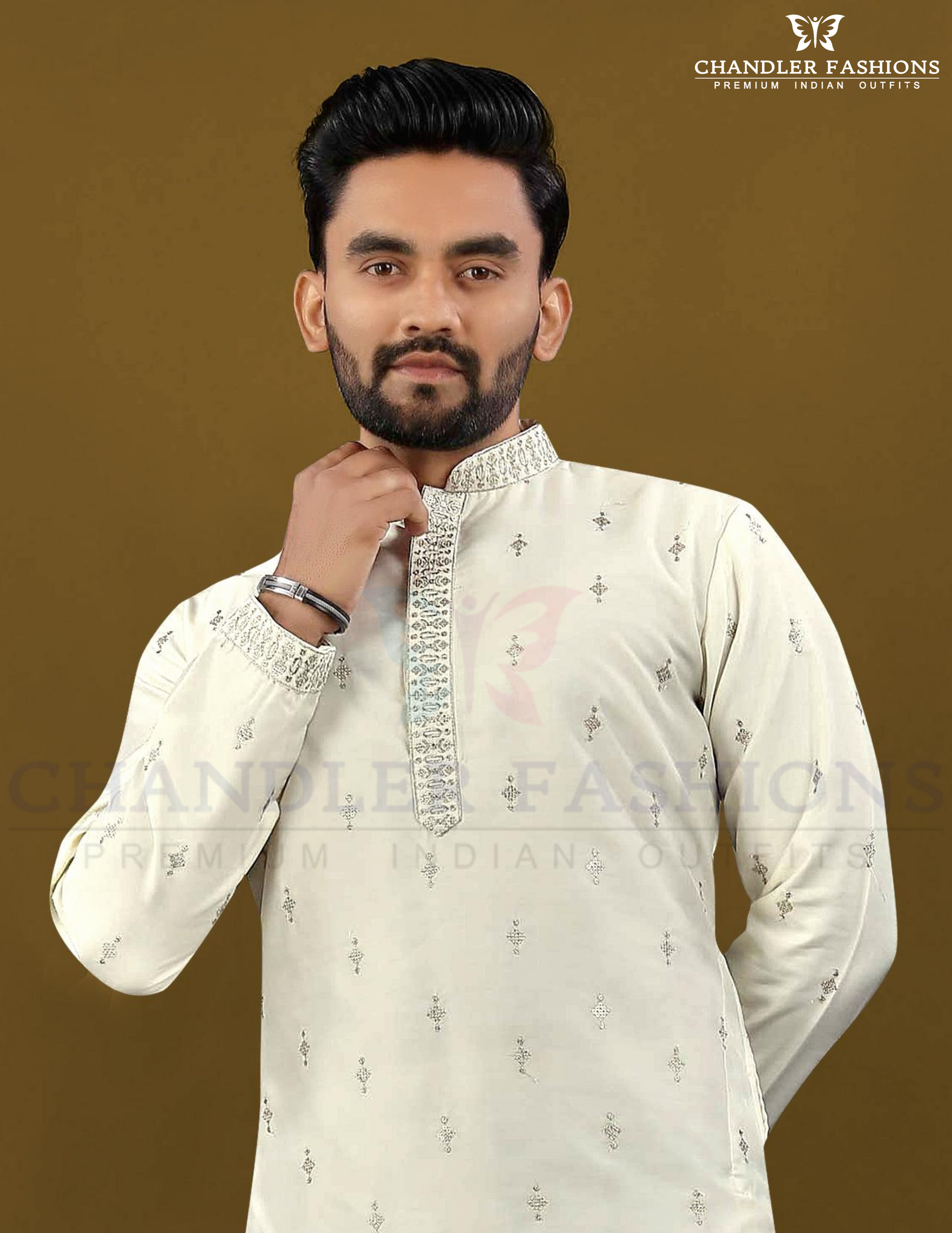 Graceful White Color Silk Designer Men's Kurta With Silver Zari Embroidery Work Near Me