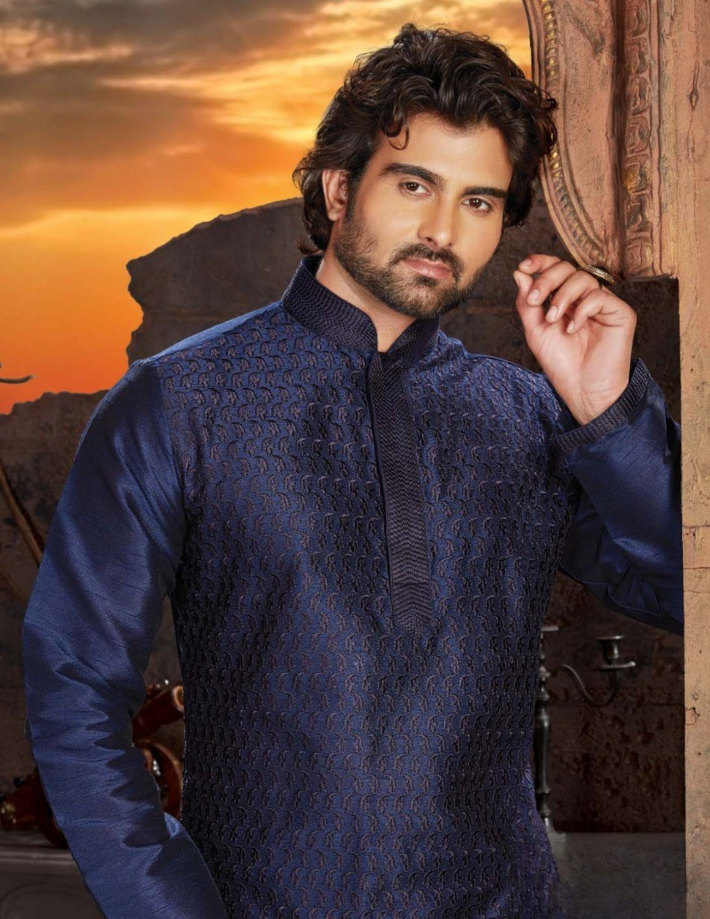 Beauteous Navy Blue Color Dupion Silk Lace Work With Pajama Set For Men Near Me