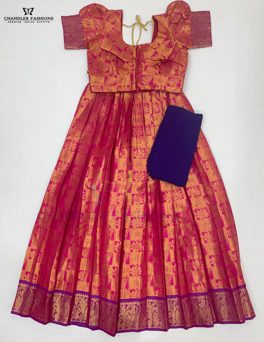 Attractive Pink Colored Art Silk Half Saree Set With Zari Work For Girls