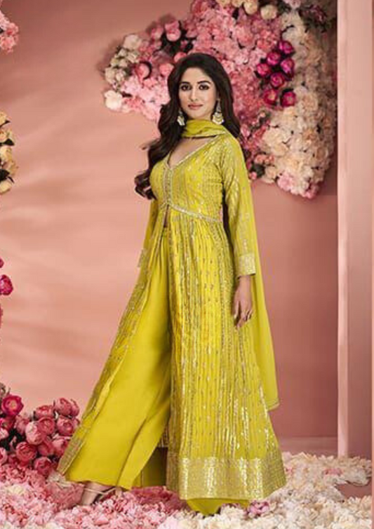 Charming Yellow Colored Indo Western Palazzo Suits For Women