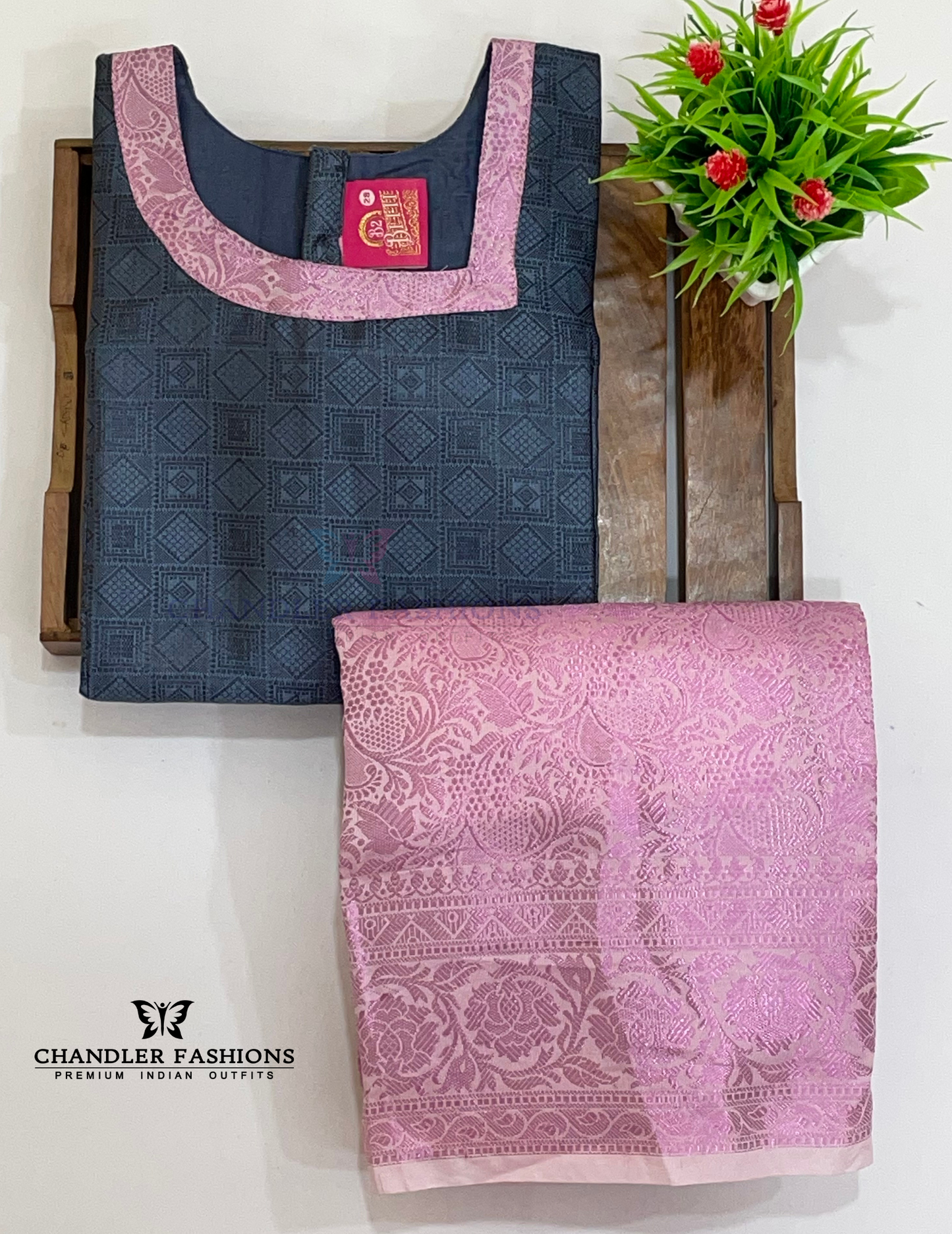 Gray And Pink Colored Self Design Silk Langa Sets In USA