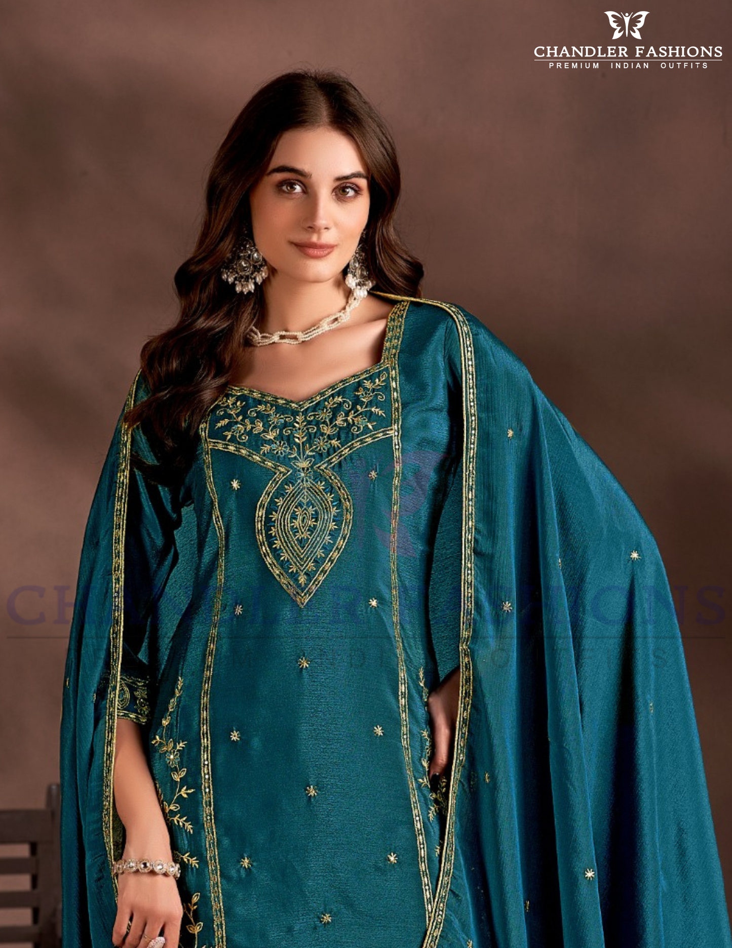 Elegant Teal Blue Color Chinon Sharara Suit With Heavy Embroidery Work Near Me