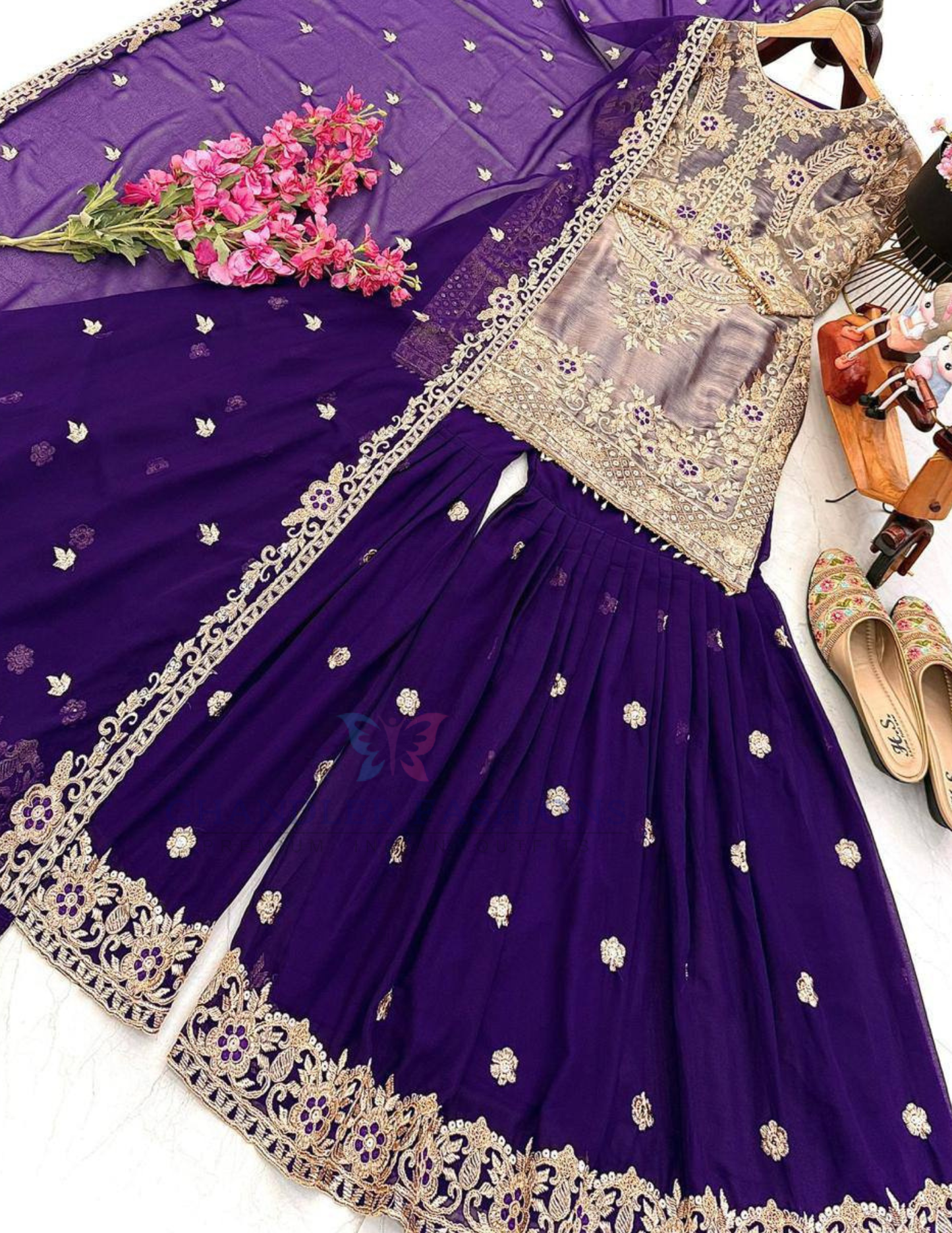 Purple Color Crazy Silk Embroidery Sequins Work Palazzo Suits In Tempe