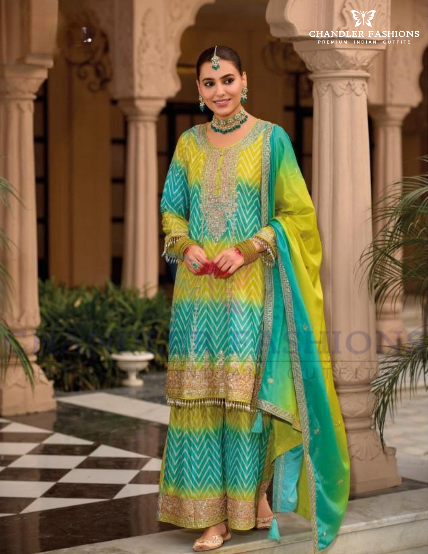 Pleasing Green And Blue Color Chinon With Embroidery Work Palazzo Suits For Women