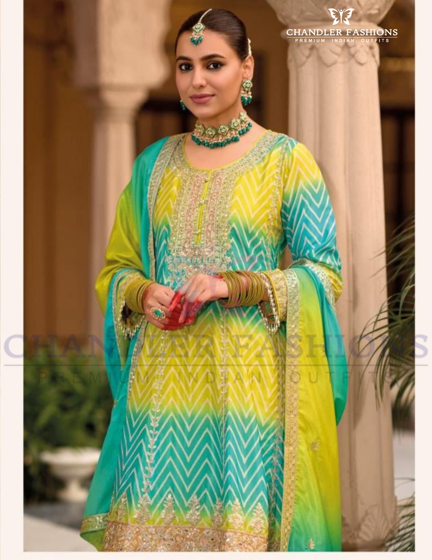 Pleasing Green And Blue Color Chinon With Embroidery Work Palazzo Suits Near Me