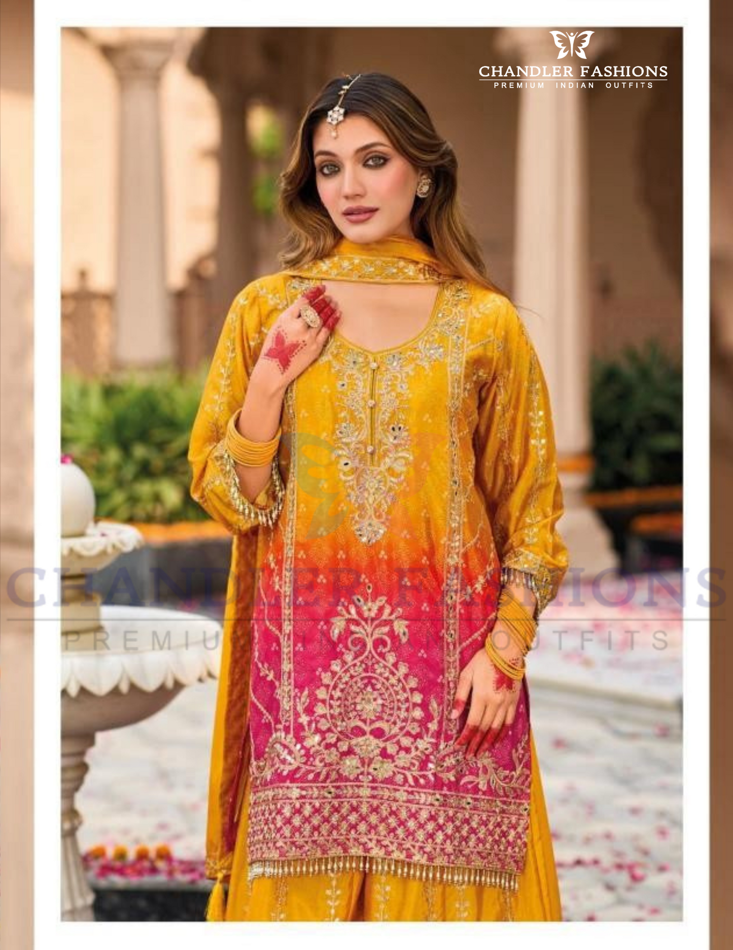 Alluring Mustard Yellow Color Chinon With Digital Print And Embroidery Work Palazzo Suits For Women