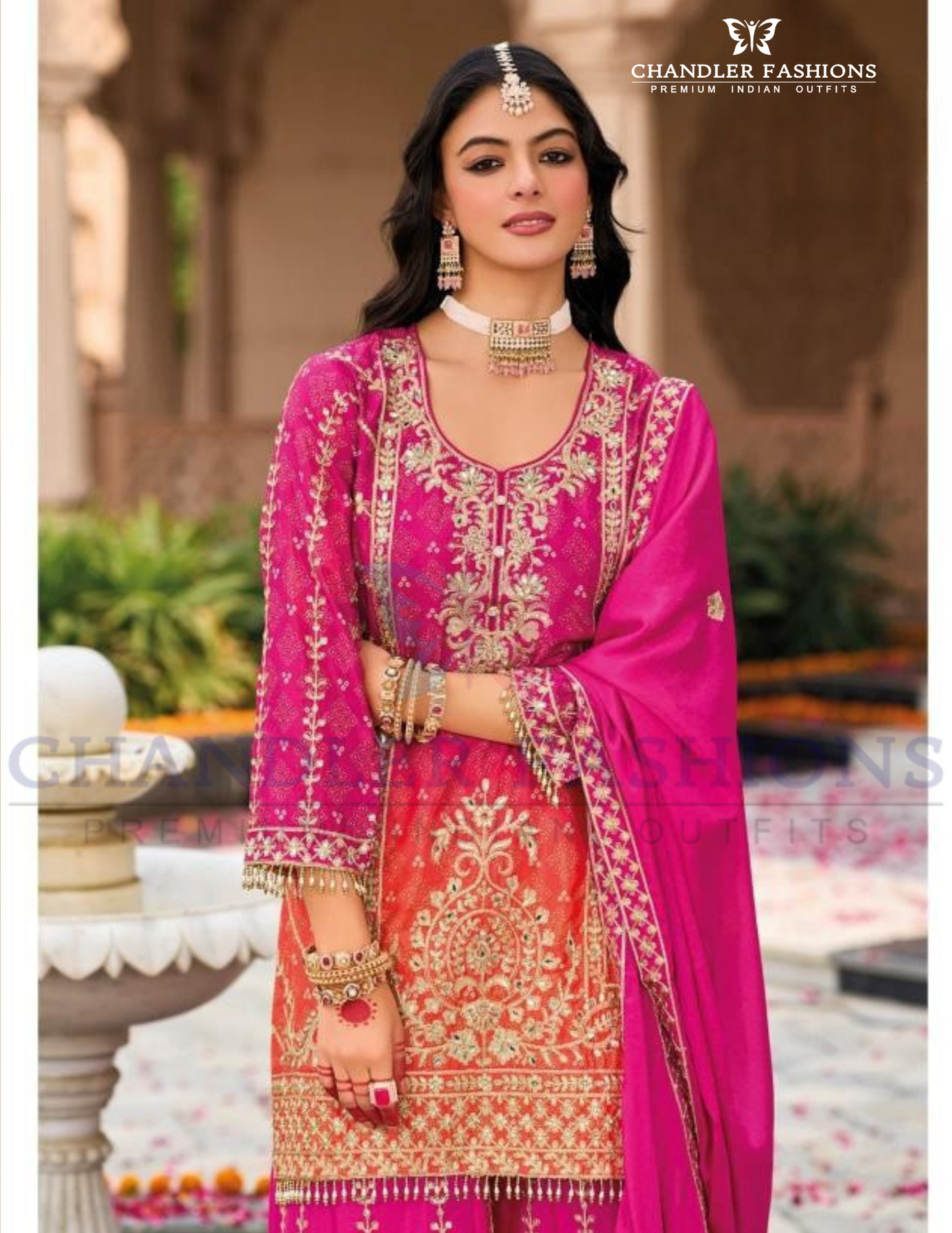 Delightful Rani Pink Color Chinon With Digital Print And Embroidery Work Palazzo Suits Near Me