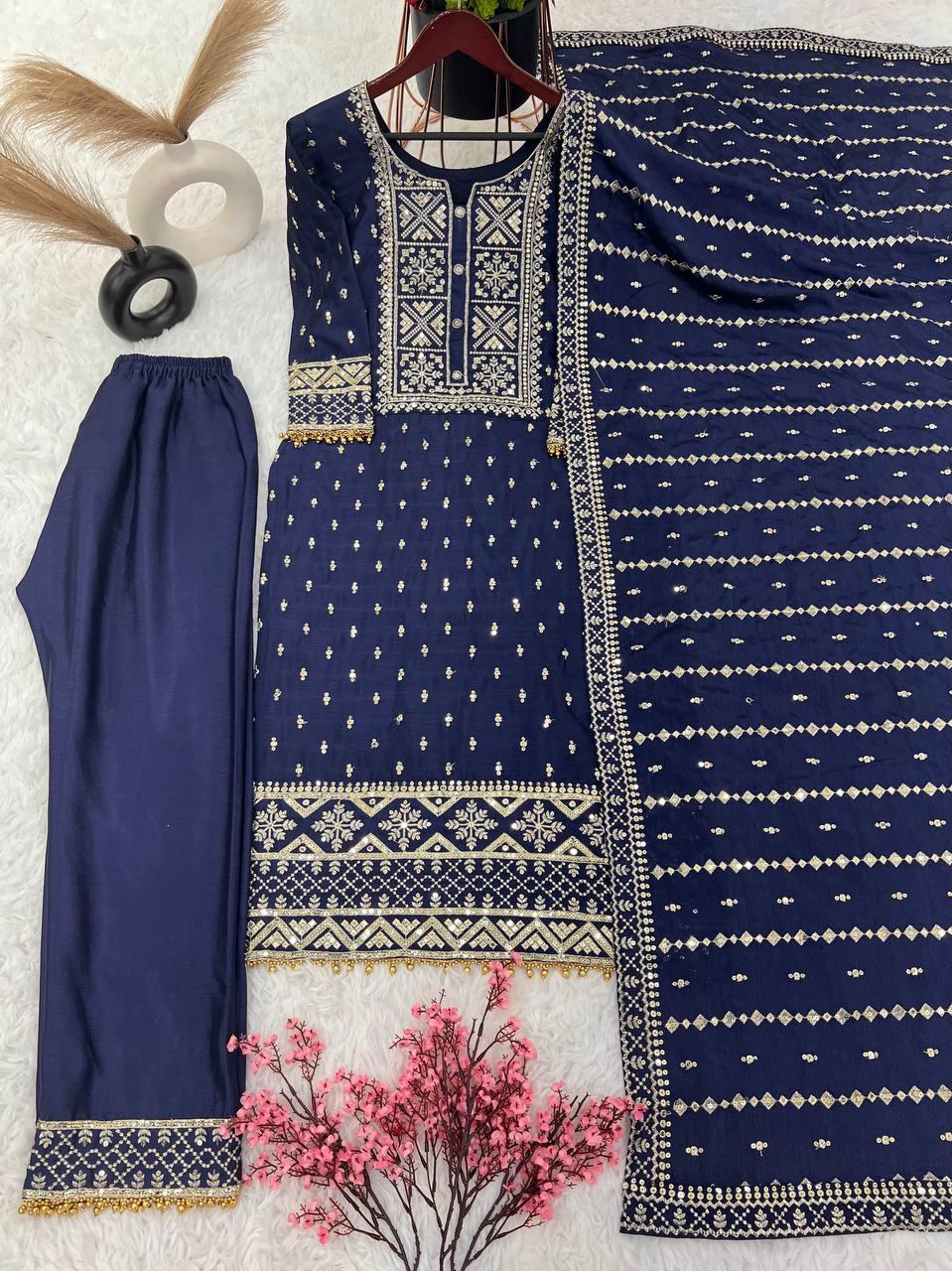 Blue Color Pure Chinon Embroidery And Sequence Work In USA