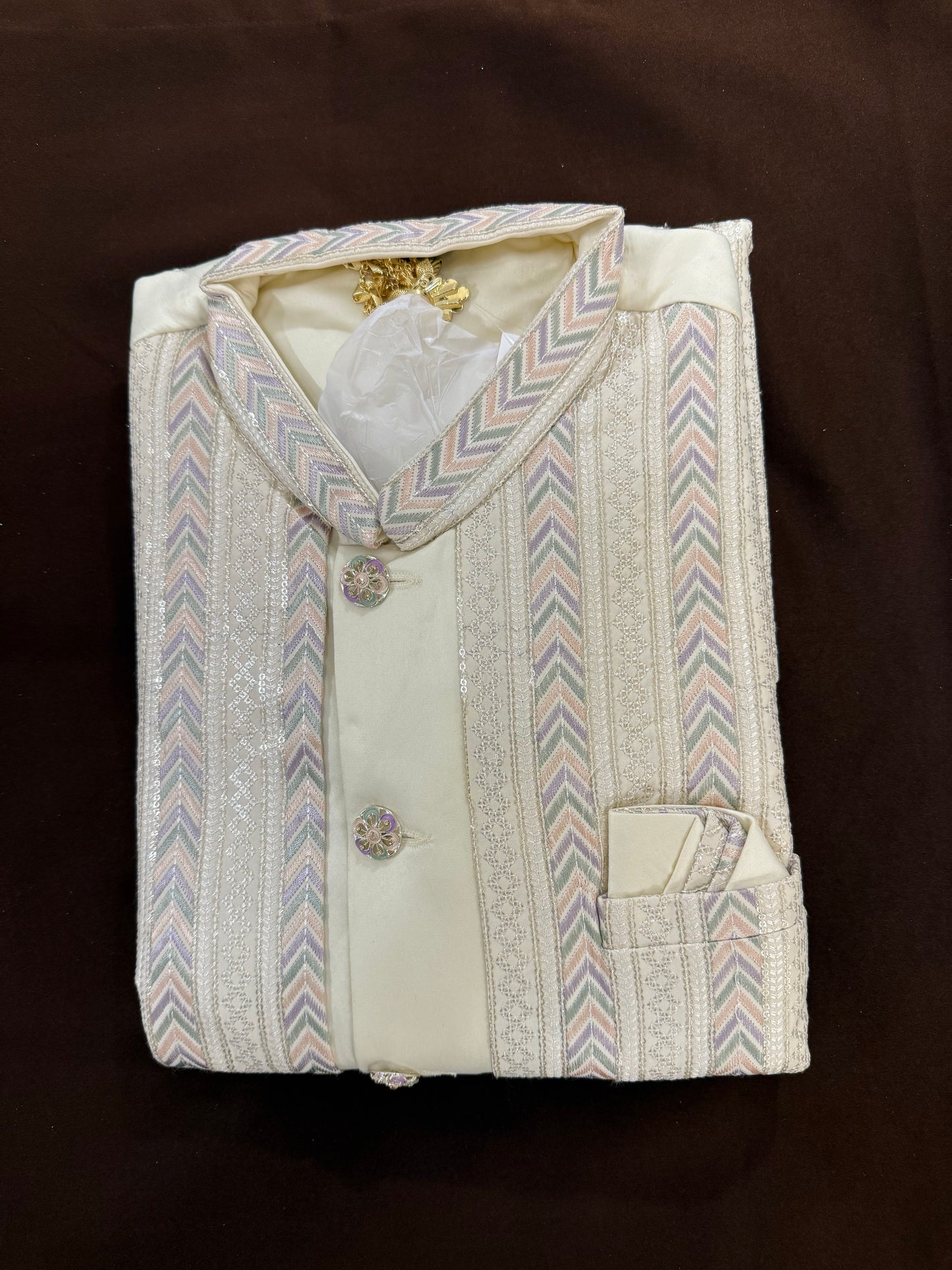 Elegant Cream Color Embroidery And Sequins Work Sherwani Suits For Men