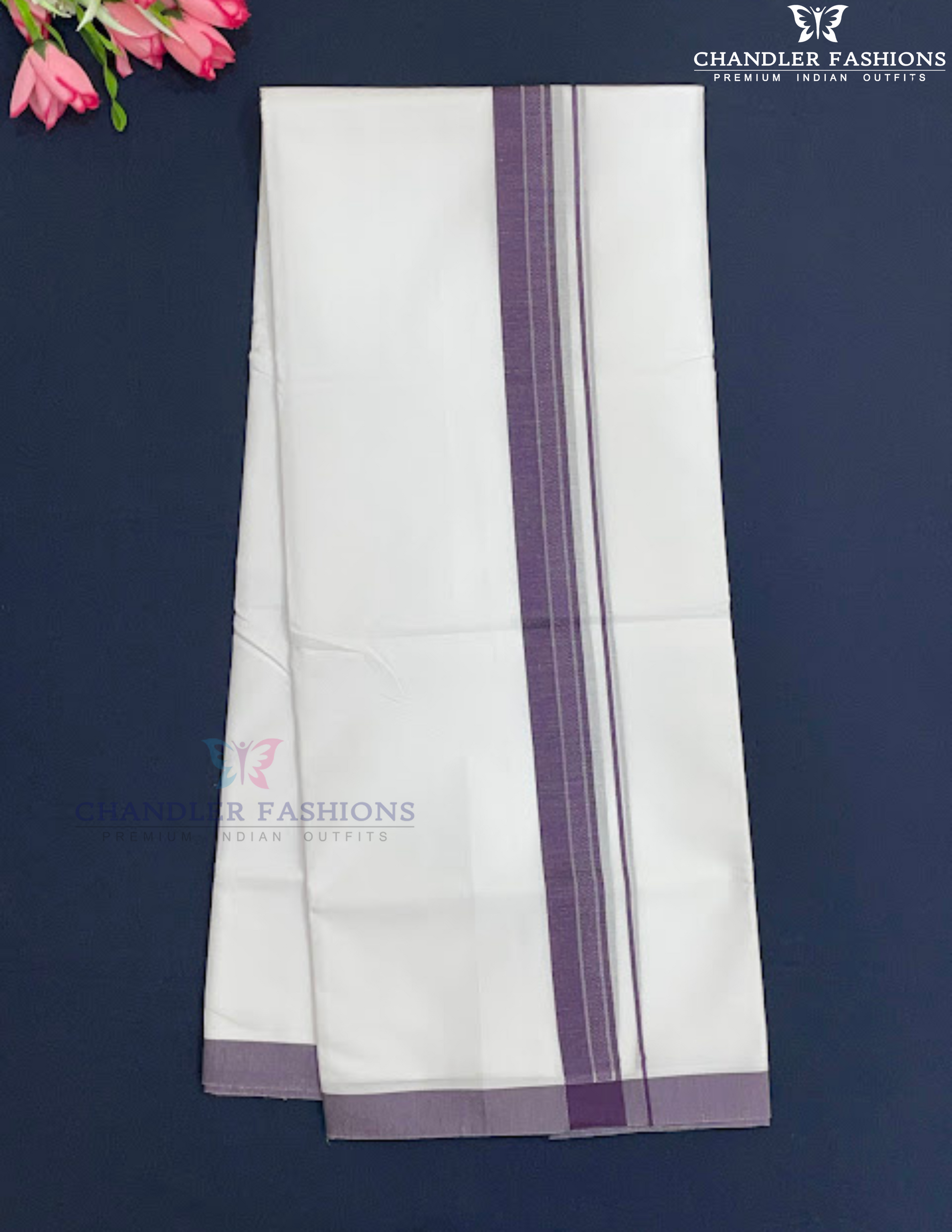 Elegant Men's White Premium Pure Cotton Purple Color Border Dhoti