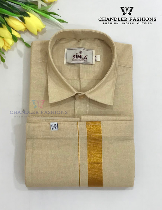 Beautiful Sandal Color Cotton Shirt With Tissue Zari Work Dhoti Set For Kids