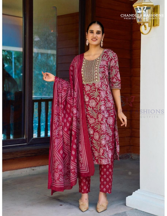 Pleasing Dark Pink Color Cotton Printed Embroidery Work Salwar Suits With Dupatta Set