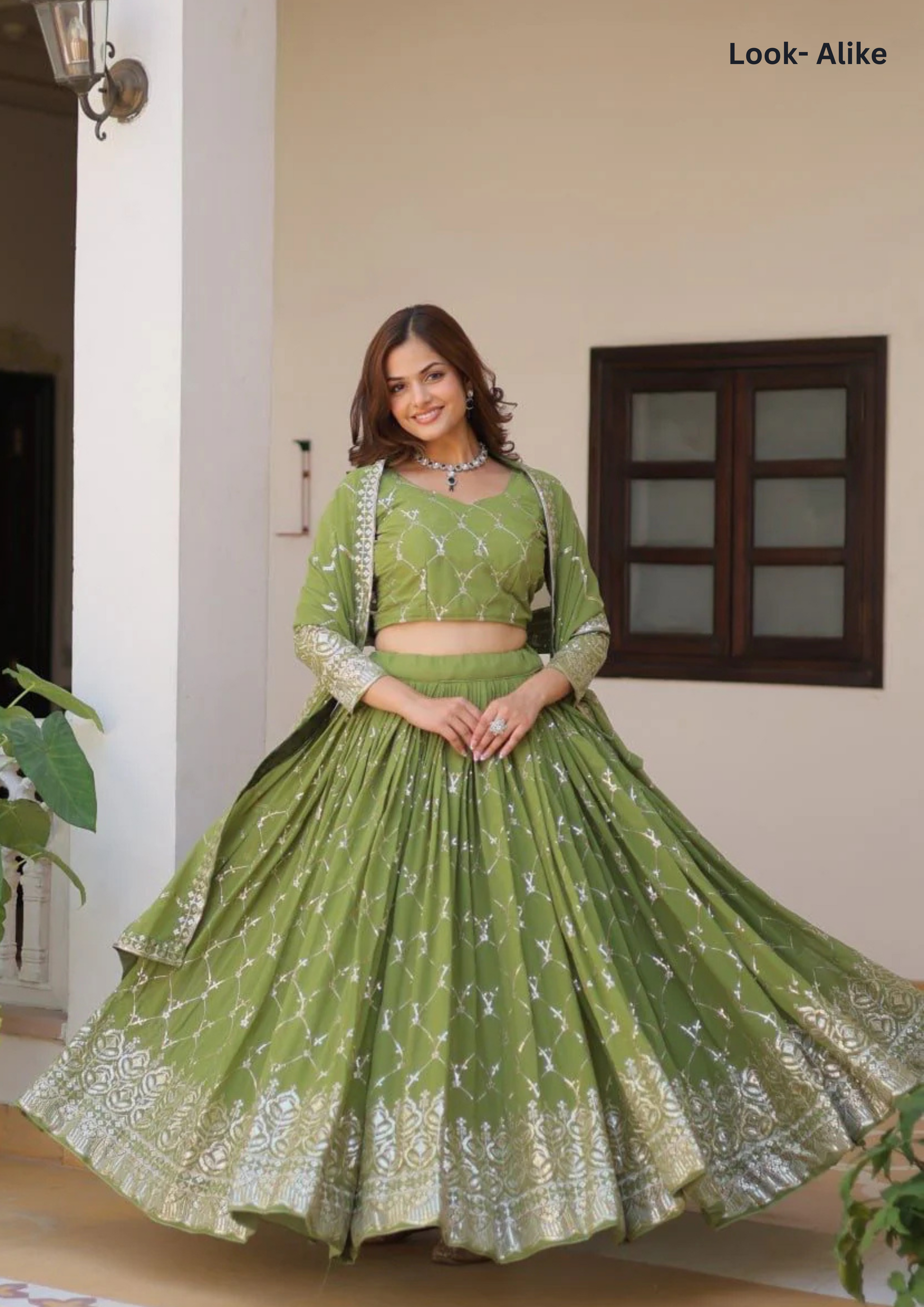 Gorgeous Green Color Faux Georgette Heavy Embroidery Sequins Work Lehenga With Dupatta