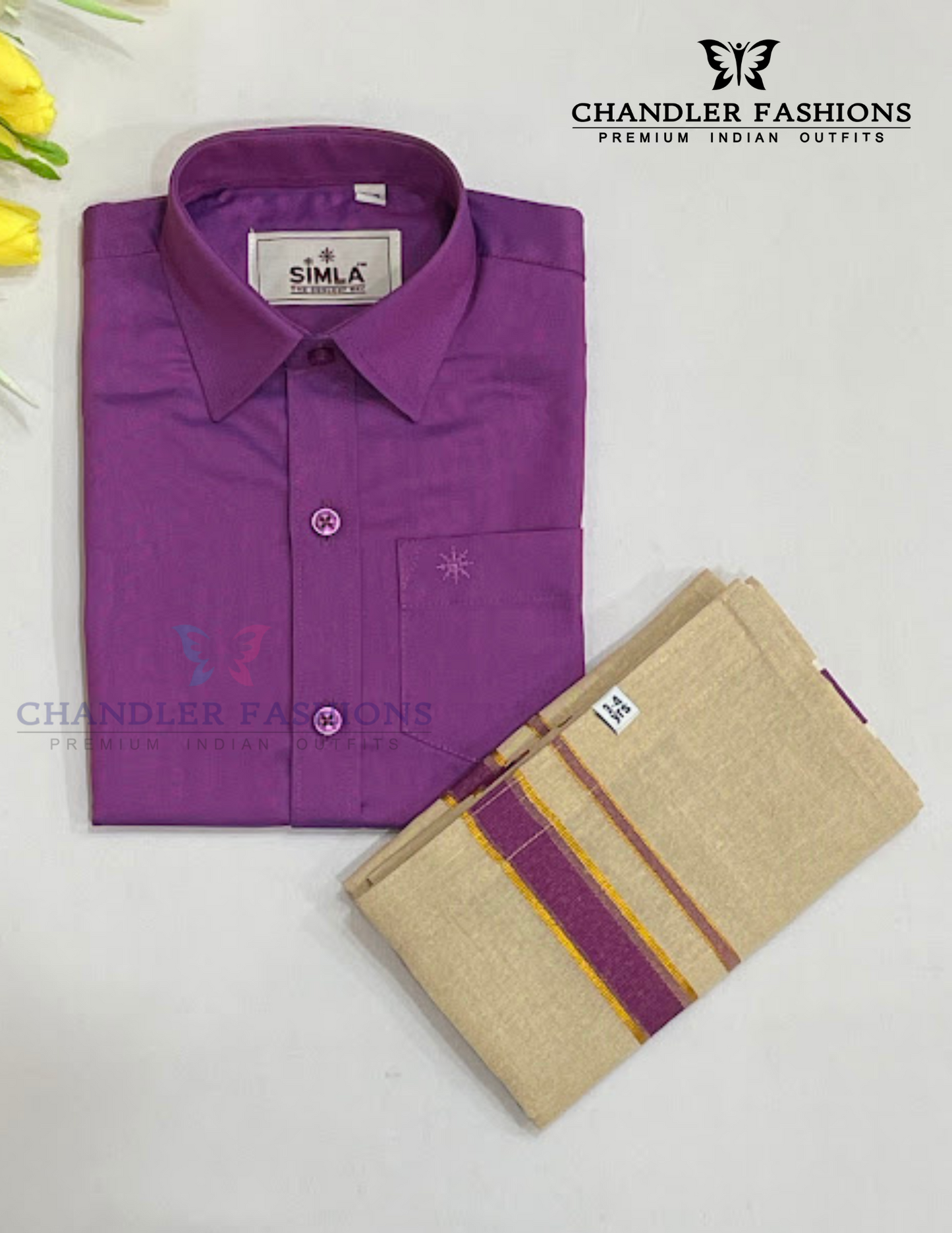 Beautiful Purple Color Cotton Shirt With Tissue Zari Work Dhoti Set For Kids Near Me