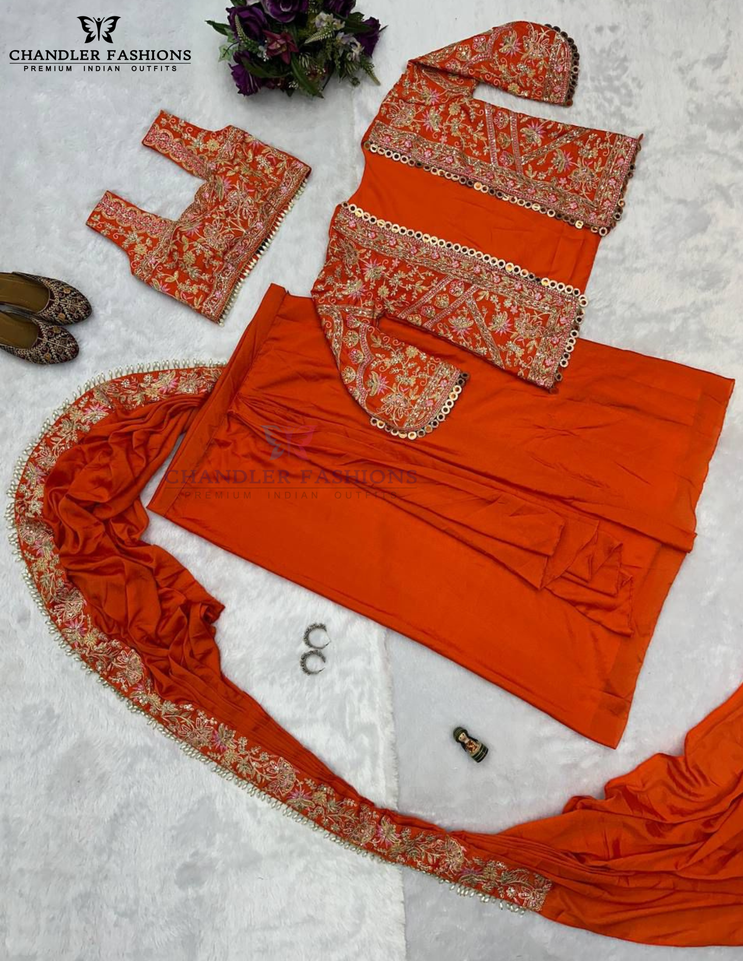 Orange Color Heavy Embroidery Work Ready To Wear Saree In USA