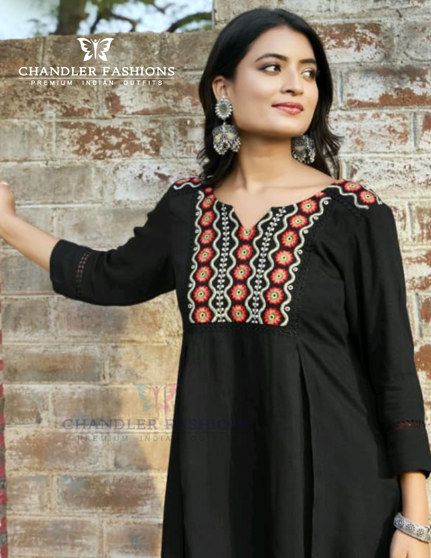 Black Color Cotton With Embroidery Work Short Kurti Near Me