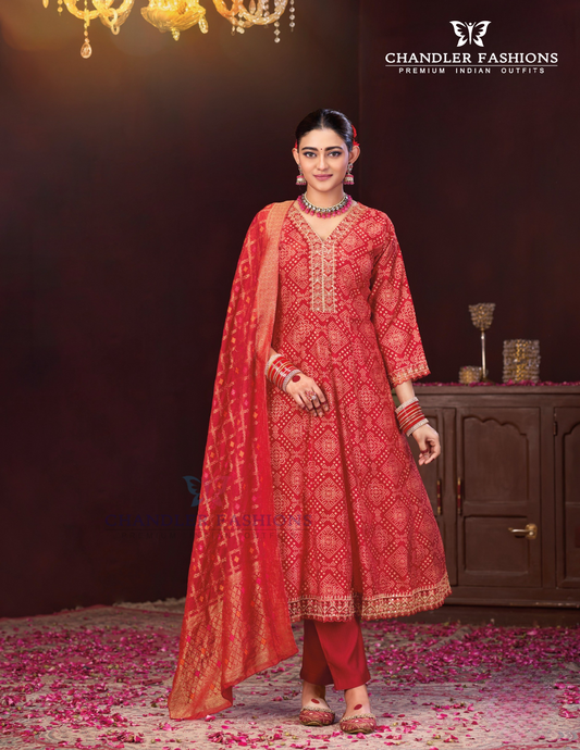 Graceful Red Color Berlin Silk Kurti Suit With Embroidery Work