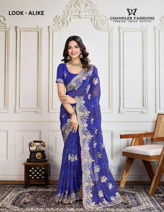 Charming Navy Blue Color Georgette With Embroidery Work Saree