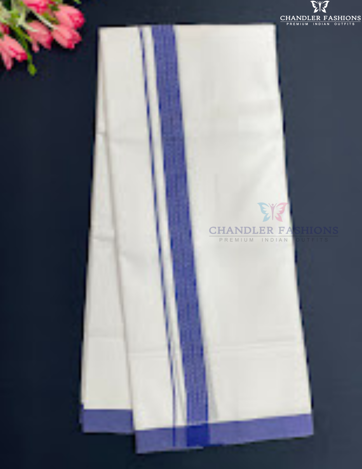 Elegant Men's White Premium Pure Cotton Blue Color Border Dhoti