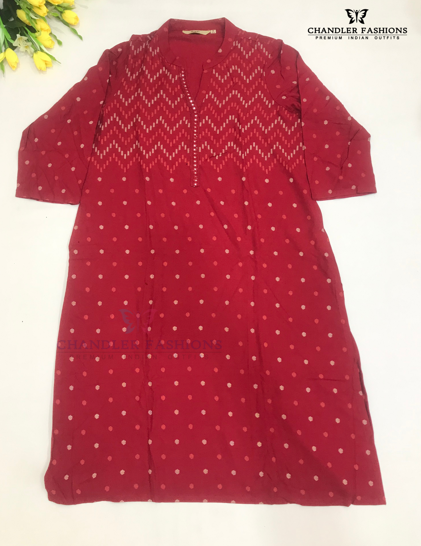 Beautiful Dark Red Color Cotton With Self Design Kurti For Women