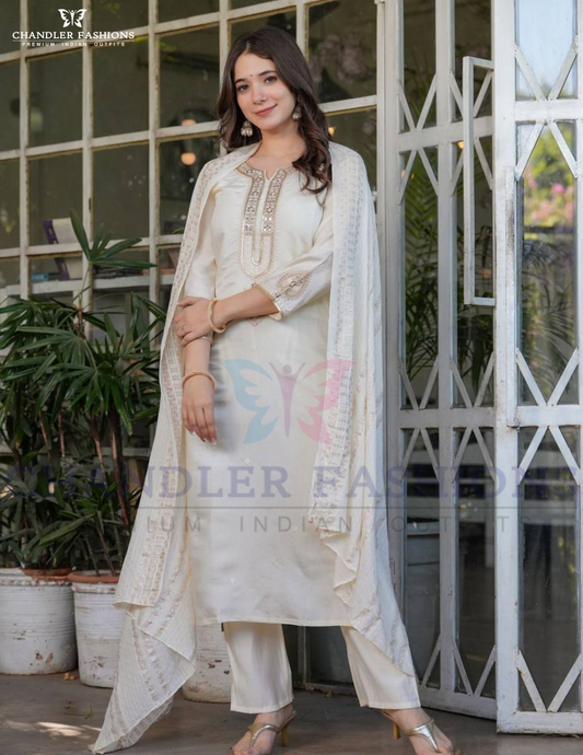 Pretty White Color Viscose Chanderi Embroidery Work Salwar Suits With Dupatta Set