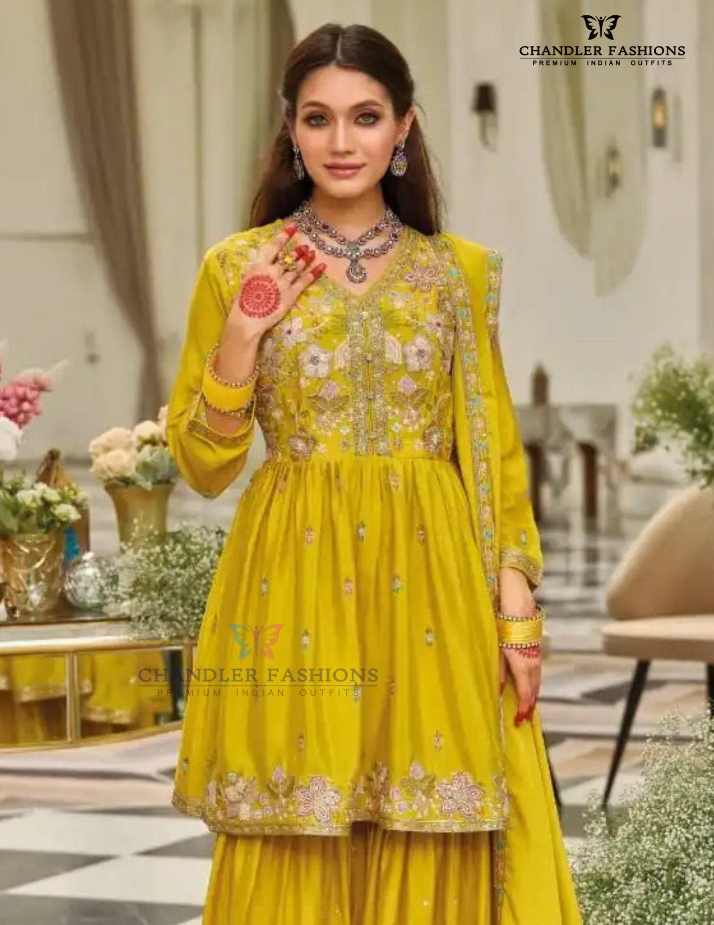 Pretty Mustard Yellow Color Chinon With Emboidery Work Sharara Suits With Dupatta Near Me
